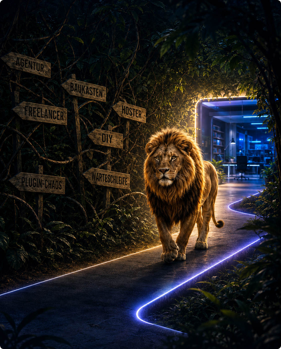 Löwe auf dem klar beleuchteten Weg zum SVELEX-Studio neben Wegweisern für unübersichtliche Alternativen